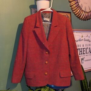 Vintage Guy Laroche Women’s Wool Blazer Sz 38 Houndstooth Red Brown Wool Button